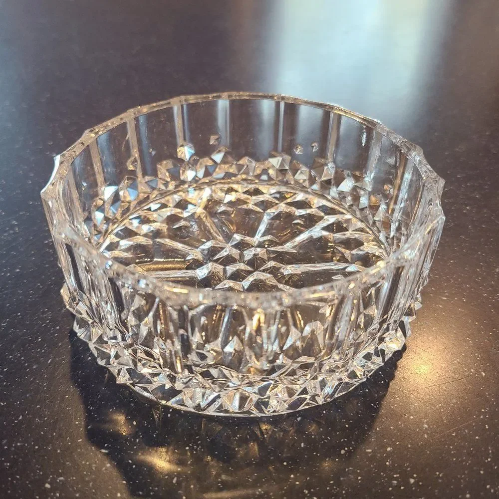 Diamond Cut Drum Shape Glass Crystal Round Open Trinket Candy Dish Vintage